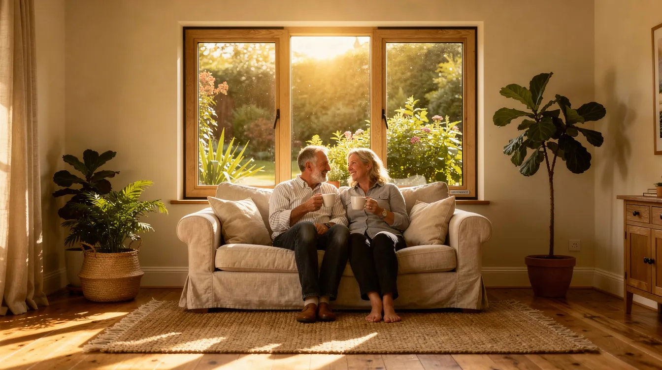 Midlife couple relaxing in a sunlit living room with Havenridge triple-pane window