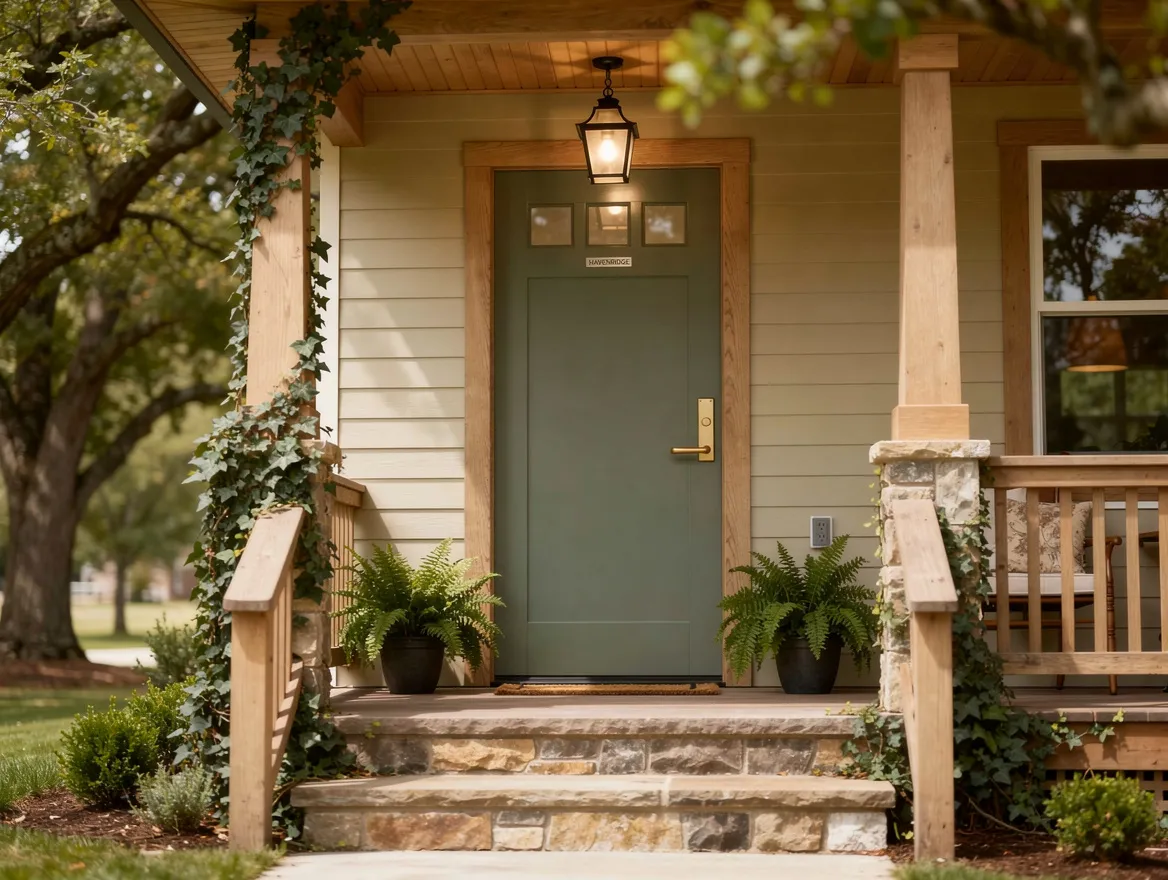 Craftsman home with Havenridge sage green entry door