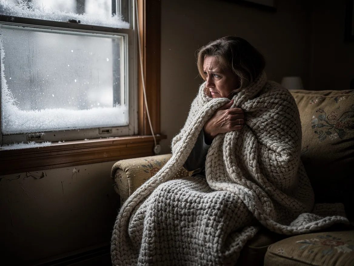 Drafty window with frost and condensation